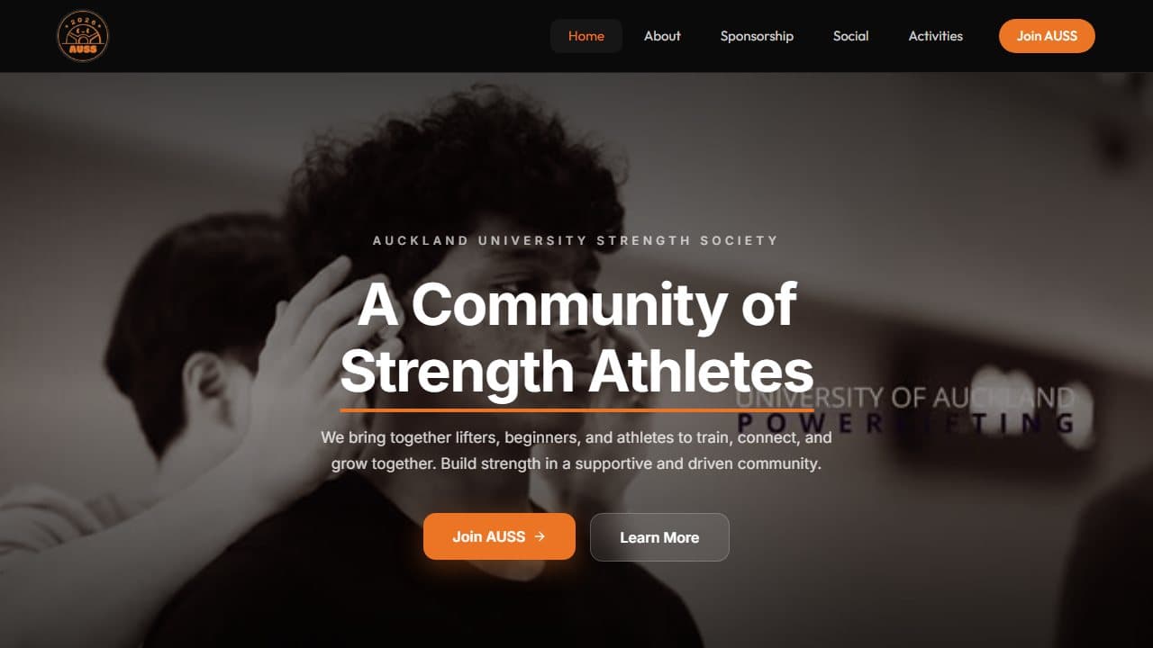AUSS website home page: navigation (Home, About, Sponsorship, Social, Activities, Join AUSS) over a dimmed training photo, with the heading “A Community of Strength Athletes” and Join AUSS and Learn More buttons.