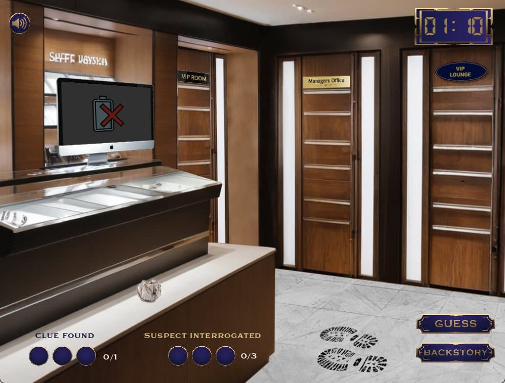 Game scene inside a jewellery store, with doors to the VIP room, manager's office and VIP lounge, a countdown timer, clue and suspect-interrogation counters, and Guess and Backstory buttons.