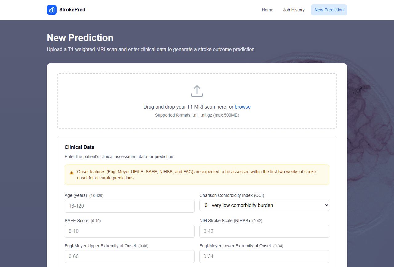 StrokePred New Prediction page with a drag-and-drop area for a T1 MRI scan (.nii or .nii.gz, up to 500 MB) and a Clinical Data form with fields for age, comorbidity index, SAFE, NIHSS and Fugl-Meyer scores.