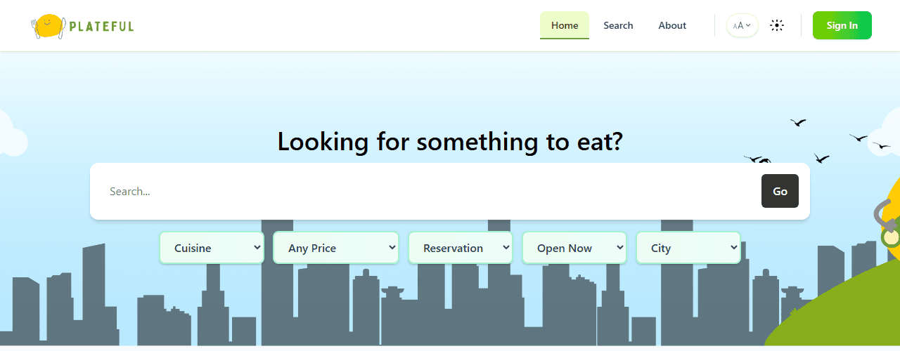 Plateful home page with the heading “Looking for something to eat?”, a search bar, filters for cuisine, price, reservation, opening hours and city, and a text-size control in the navigation bar.